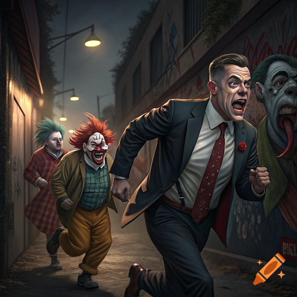 Senator Jim Banks being chased by angry clowns