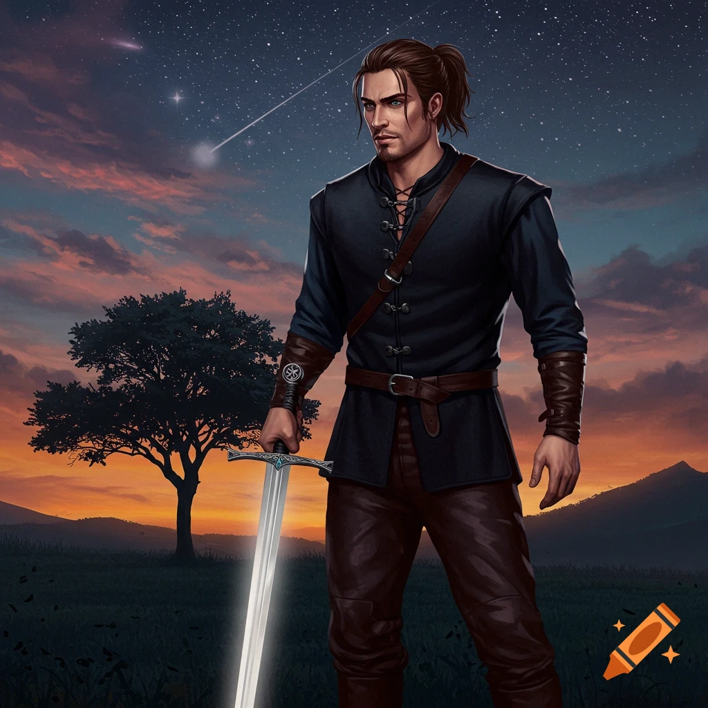 A man holding a sword stands in a field at sunset, fantasy illustration.
