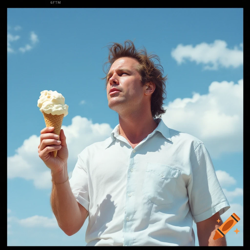 A man holds an ice cream cone and looks up at a blue sky with clouds.