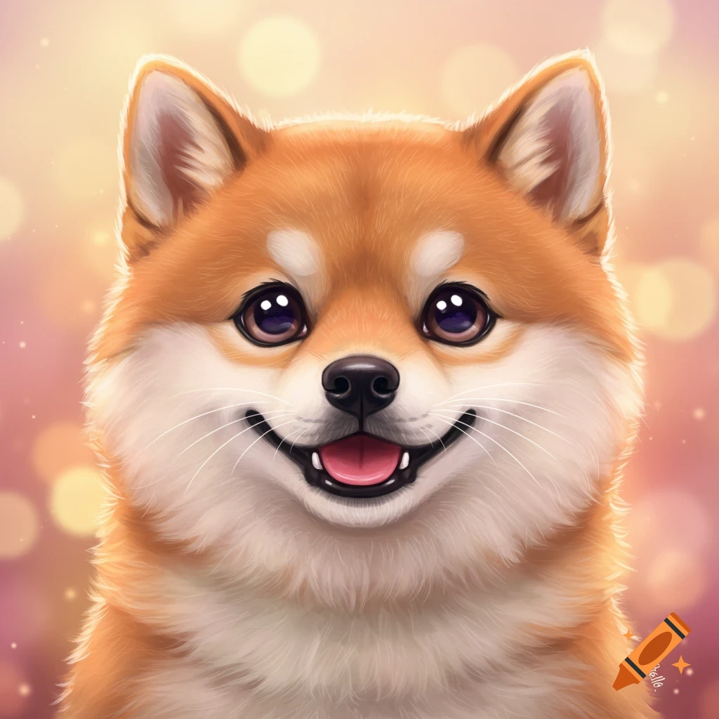 Cute cartoon portrait of a happy Shiba Inu dog with a bokeh background.