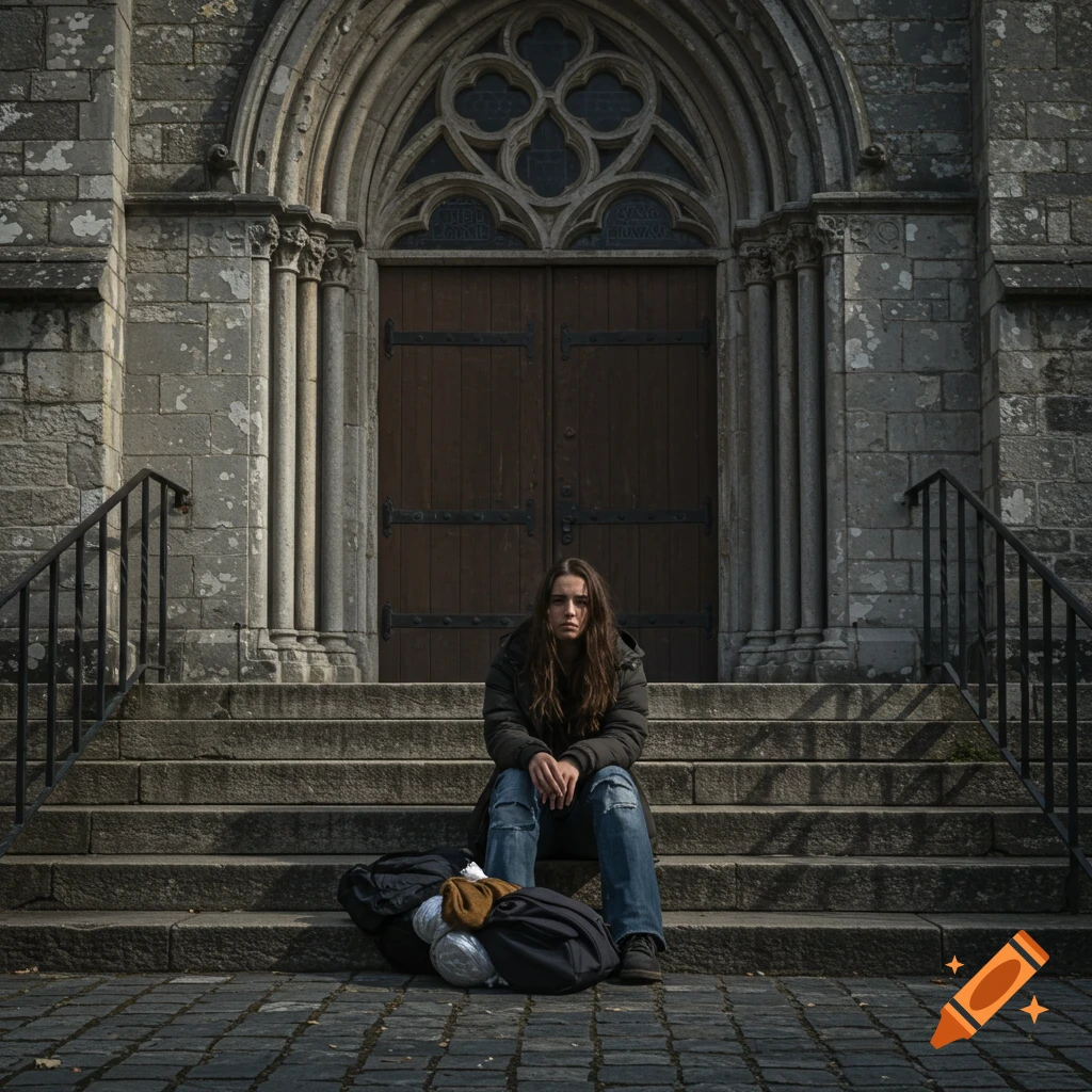 A young woman sits on stone steps in front of a large stone building with a backpack next to her.
