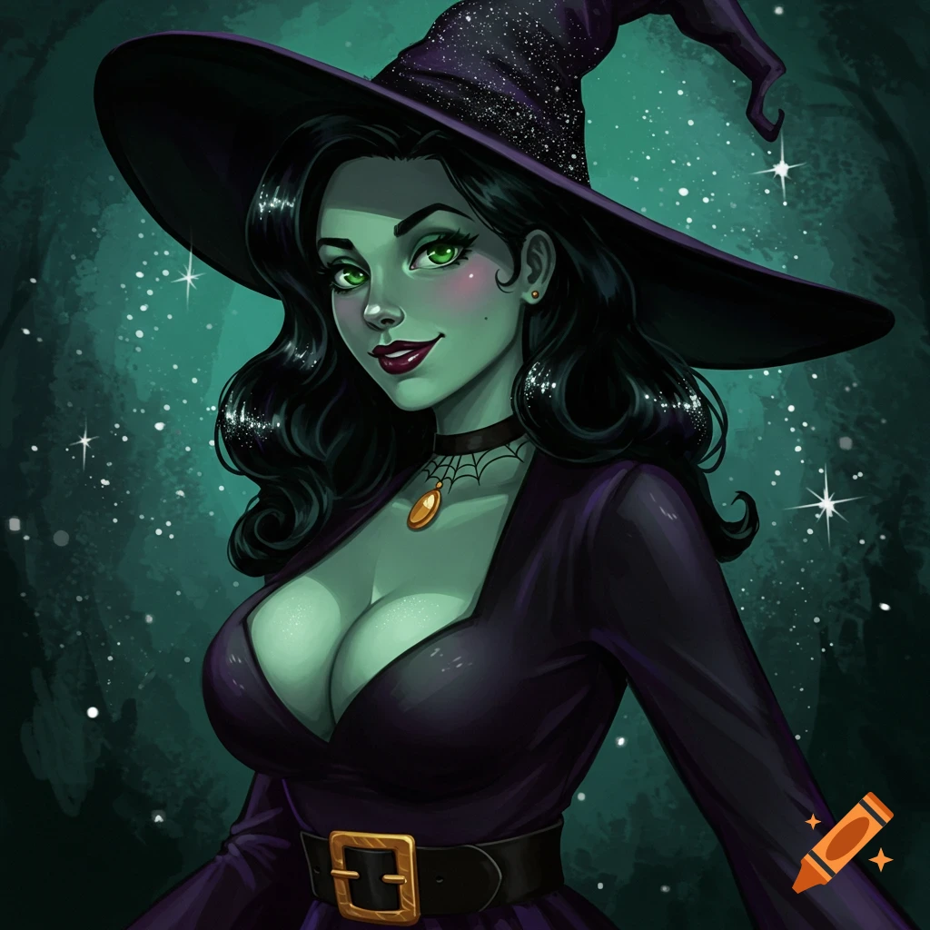 Pinup style illustration of a witch with green skin, dark hair, and a wide-brimmed hat.