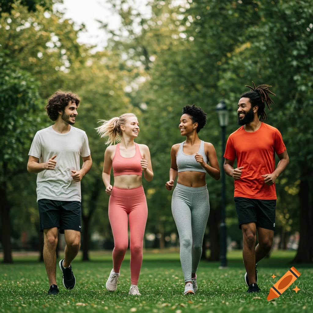 Four people jogging together in a park