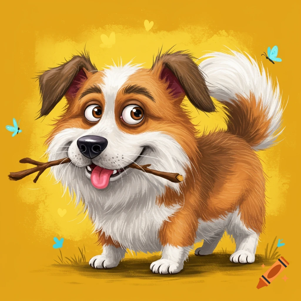 A happy cartoon dog holds a stick in its mouth, with butterflies around it, on a yellow background.