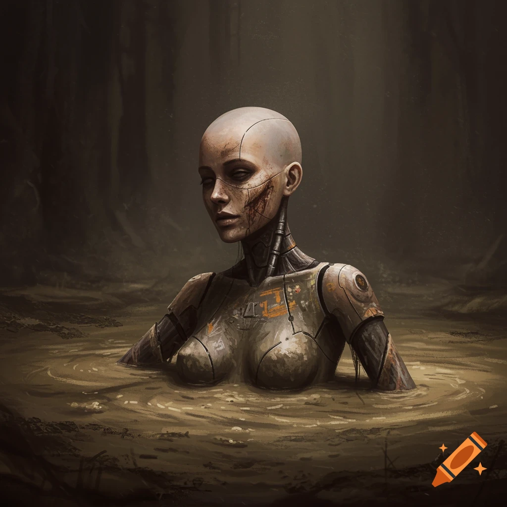 A bald cyborg woman is partially submerged in a mud pit, looking decayed and damaged.