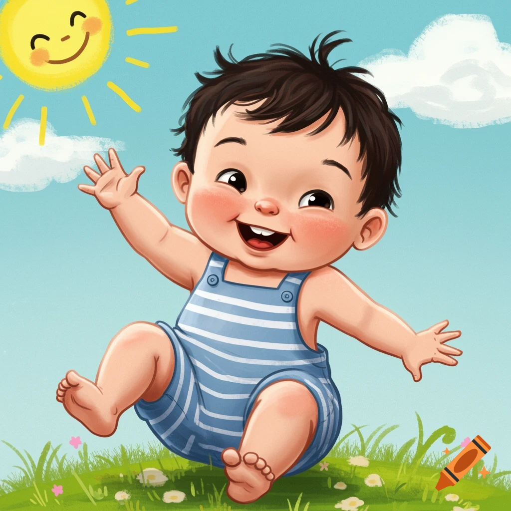 Cute illustrated baby sitting in grass on a sunny day