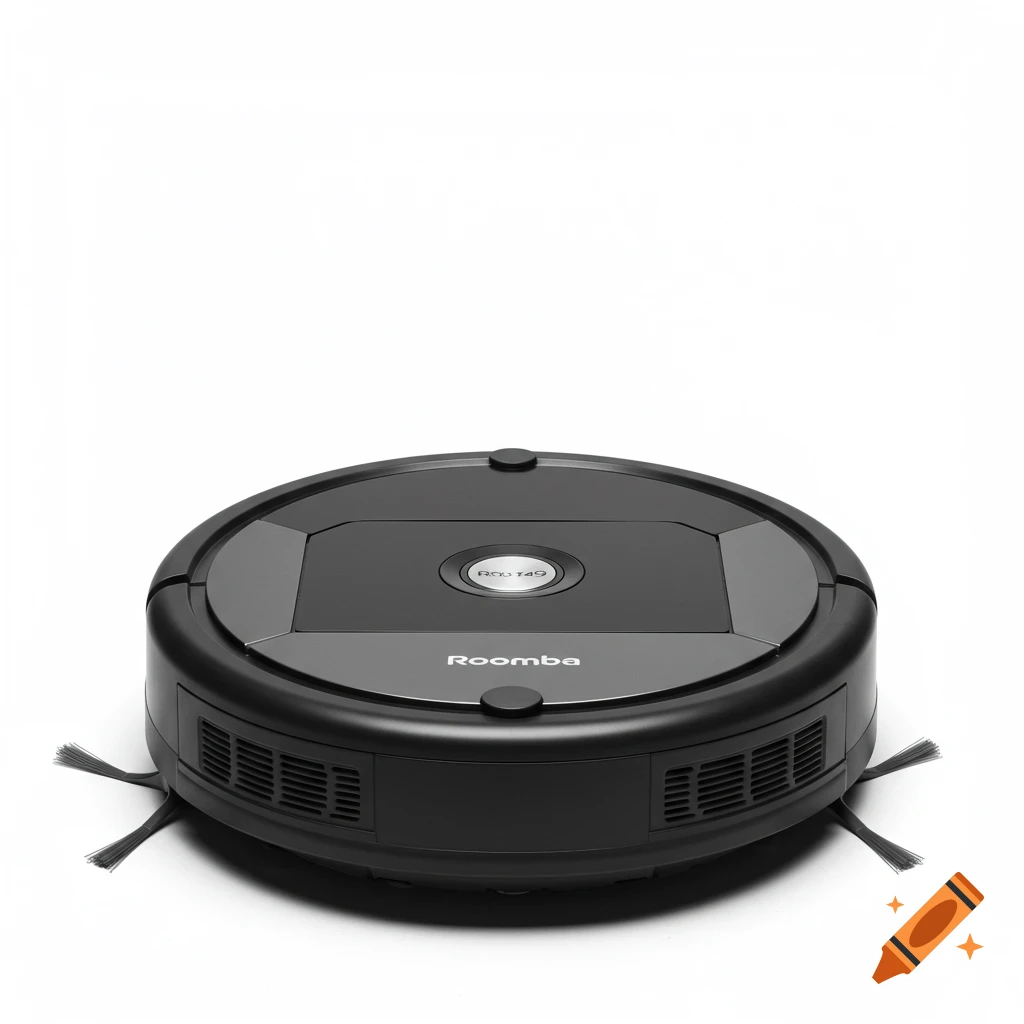 A black Roomba robot vacuum cleaner against a white background.