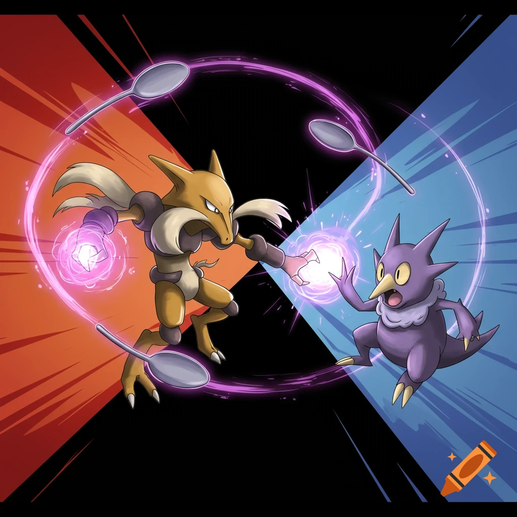 Alakazam and Hypno battle with psychic energy and floating spoons in a stylized illustration.