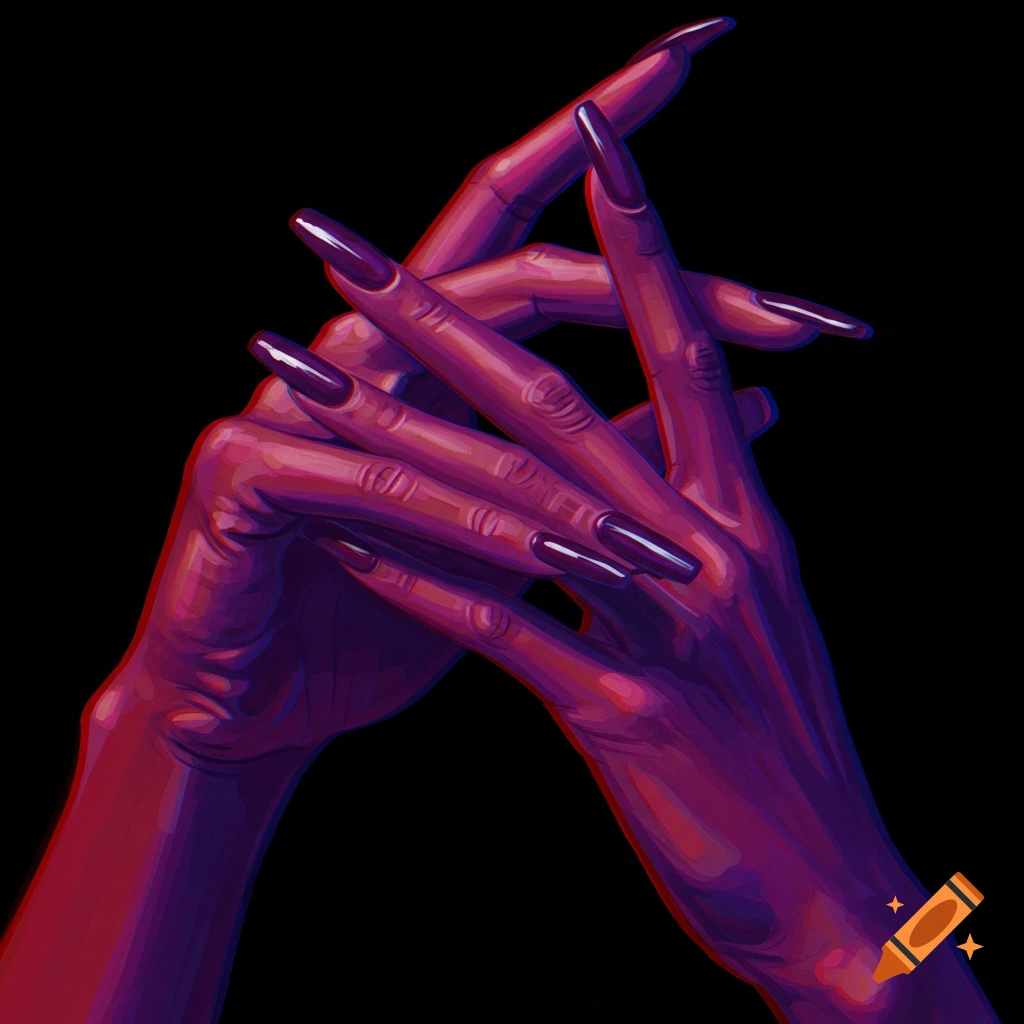 Stylized illustration of two hands with long purple nails interlocked, lit with red and purple light.