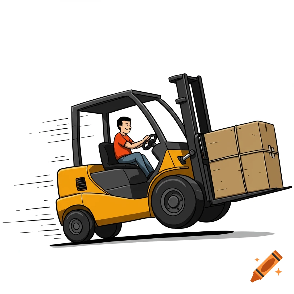 Cartoon illustration of a speeding yellow forklift with a driver carrying a box, showing motion lines.