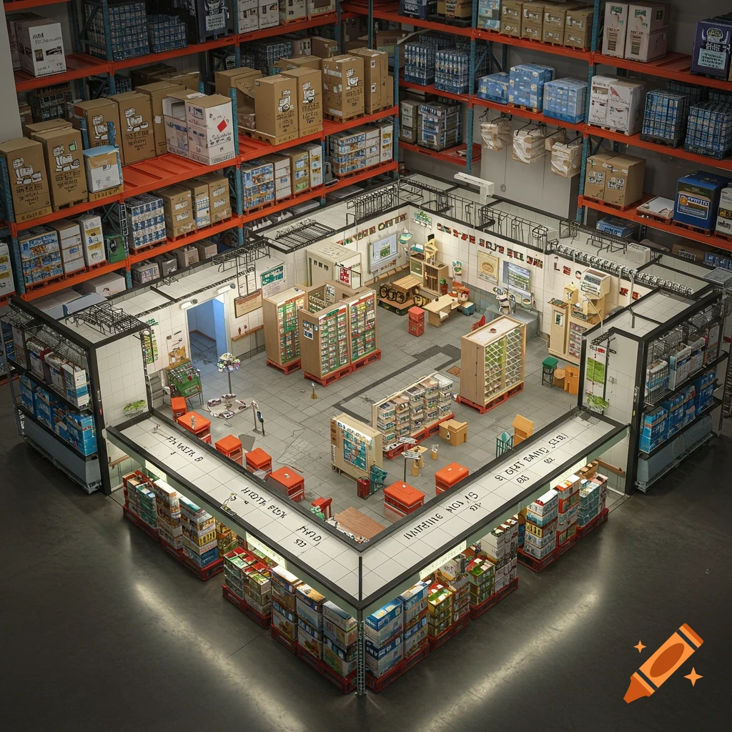 Isometric view of a store layout within a warehouse with shelves of boxes.