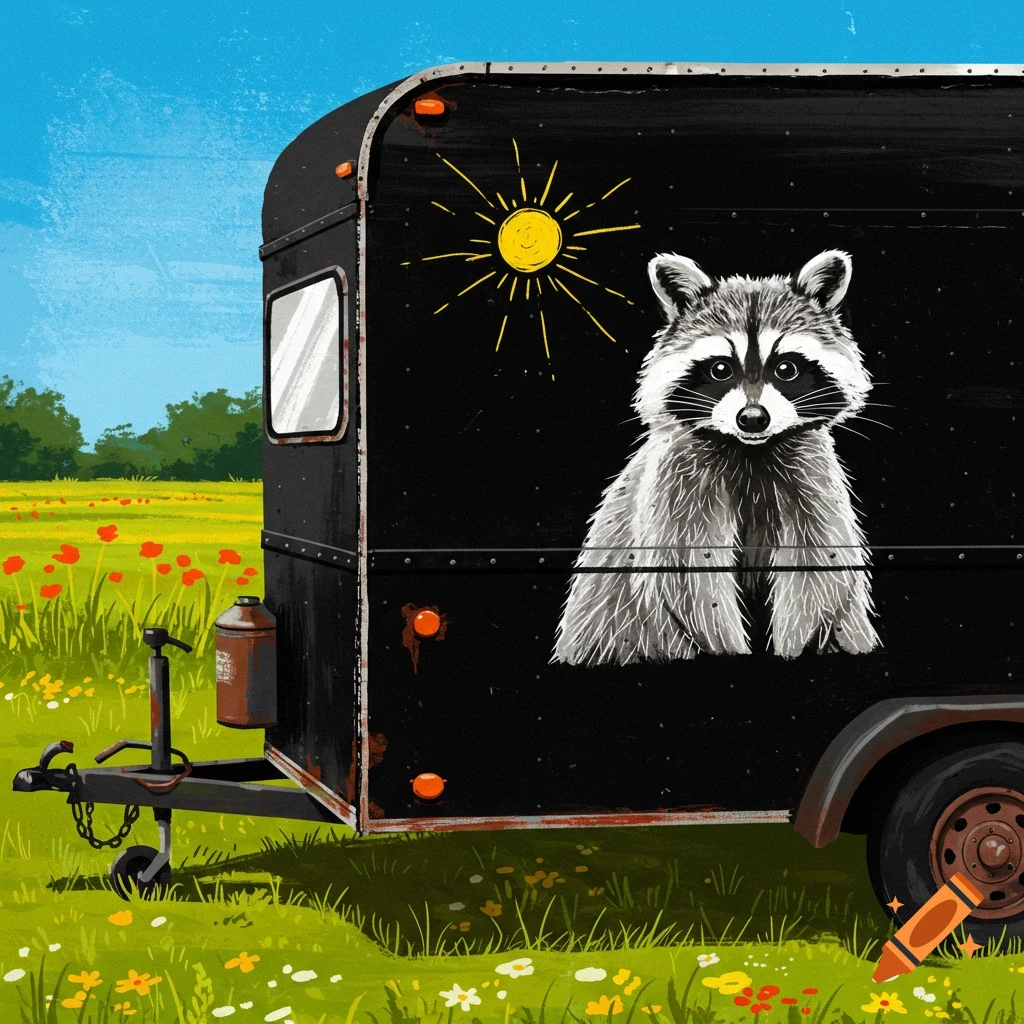 An illustration of a black trailer with a white raccoon painted on the side, parked in a grassy field with red and yellow flowers under a blue sky.