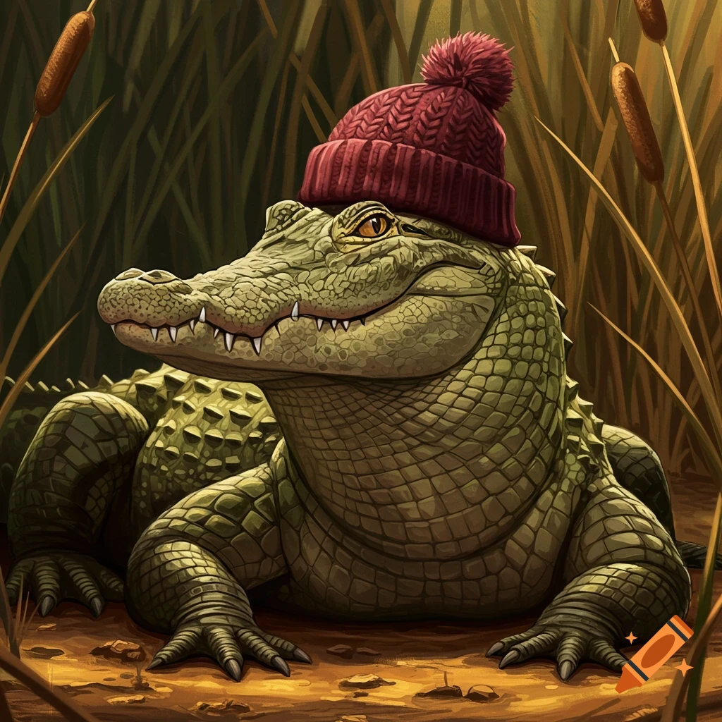 An illustration of a smiling alligator wearing a red knit beanie in a marsh.