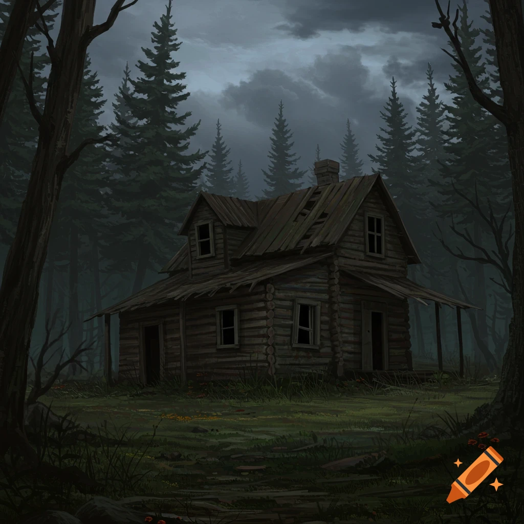A dark illustration of a dilapidated log cabin in a spooky forest under a cloudy sky.