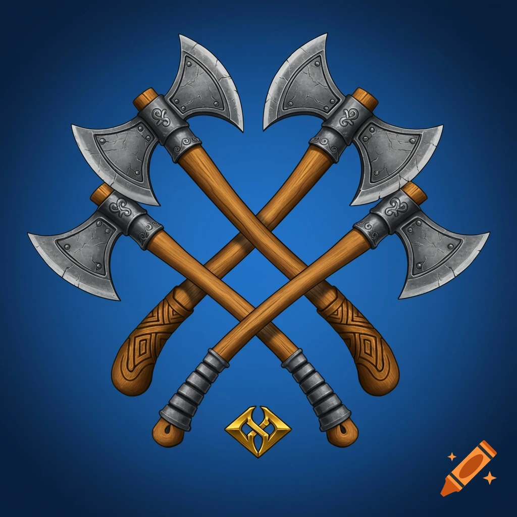 Four crossed axes and a golden symbol on a blue background.