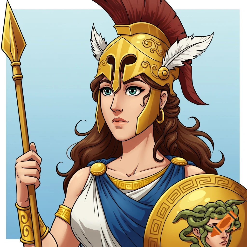Cartoon drawing of the Greek goddess Athena holding a spear and shield with Medusa's head.