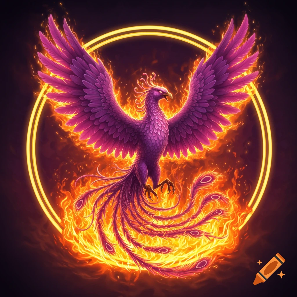 Purple phoenix rising from flames within a golden circle.