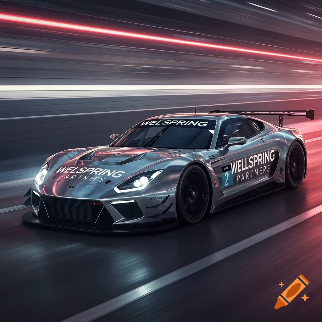 A silver race car with WellSpring Partners branding speeds down a track at night with motion blur and red lights.