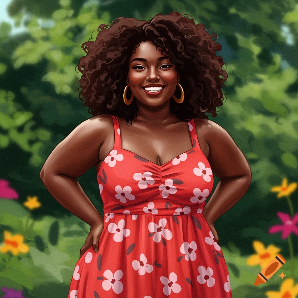 Digital illustration of a smiling Black woman with curly hair in a red floral dress and gold earrings, standing in a garden.