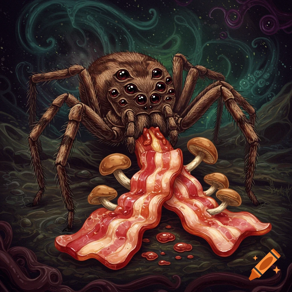A fantasy illustration of a large spider with many eyes eating bacon surrounded by mushrooms.