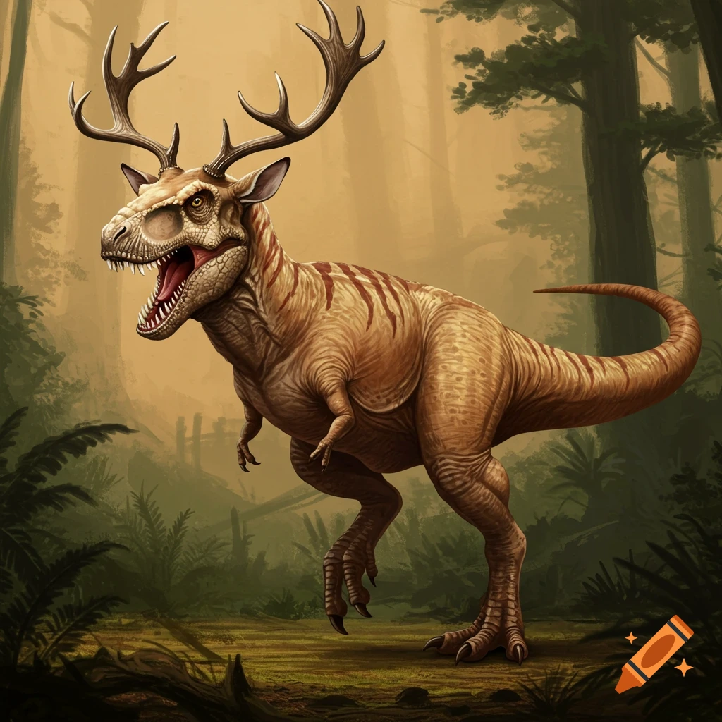 A T-Rex dinosaur with deer antlers stands in a forest.