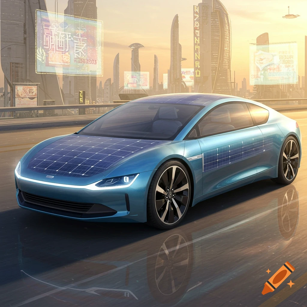 A blue solar-powered car drives on a road in a futuristic city at sunset.