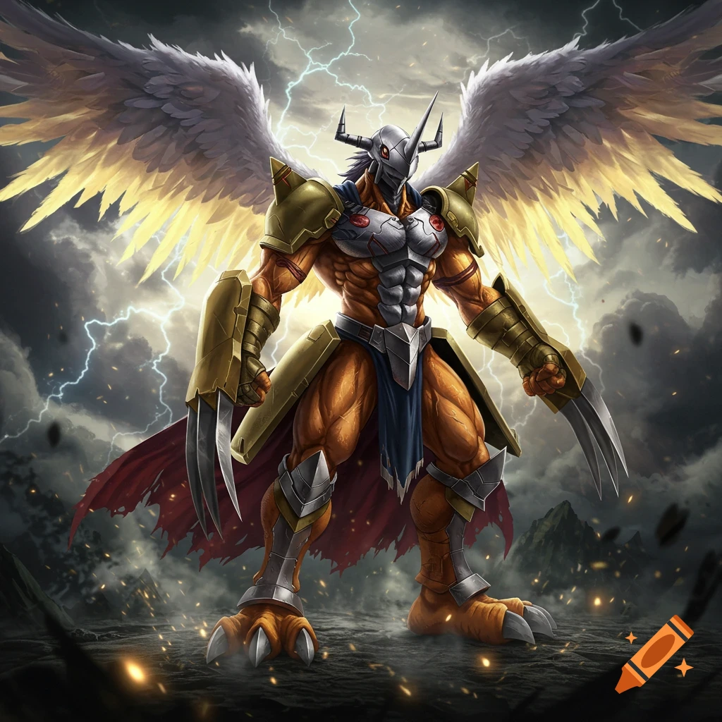 WarGreymon from Digimon standing in a stormy landscape with wings extended.