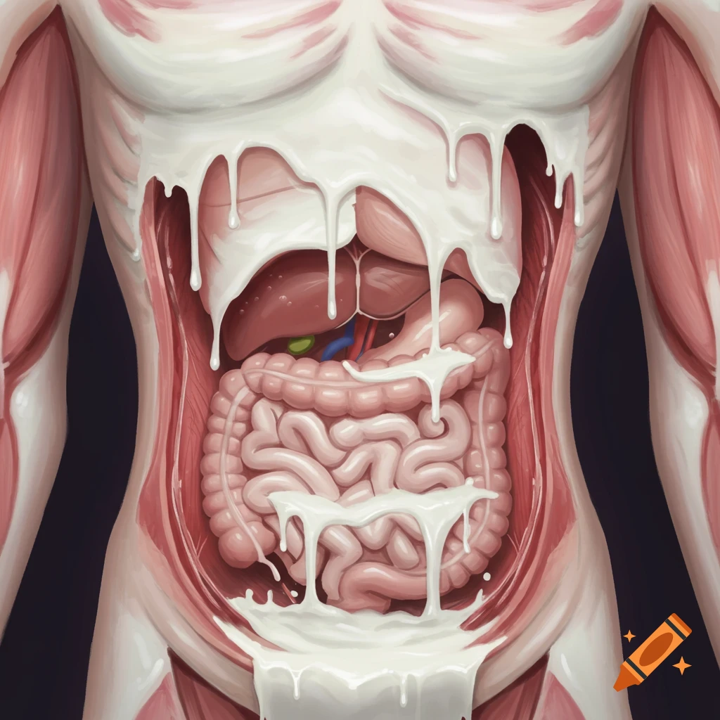 Cutaway view of human torso with internal organs covered in dripping white liquid, stylized illustration.