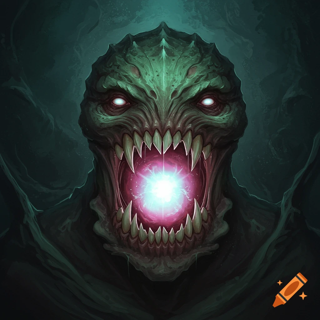 Close-up of a green monster with glowing eyes and large fangs holding a glowing orb in its mouth.