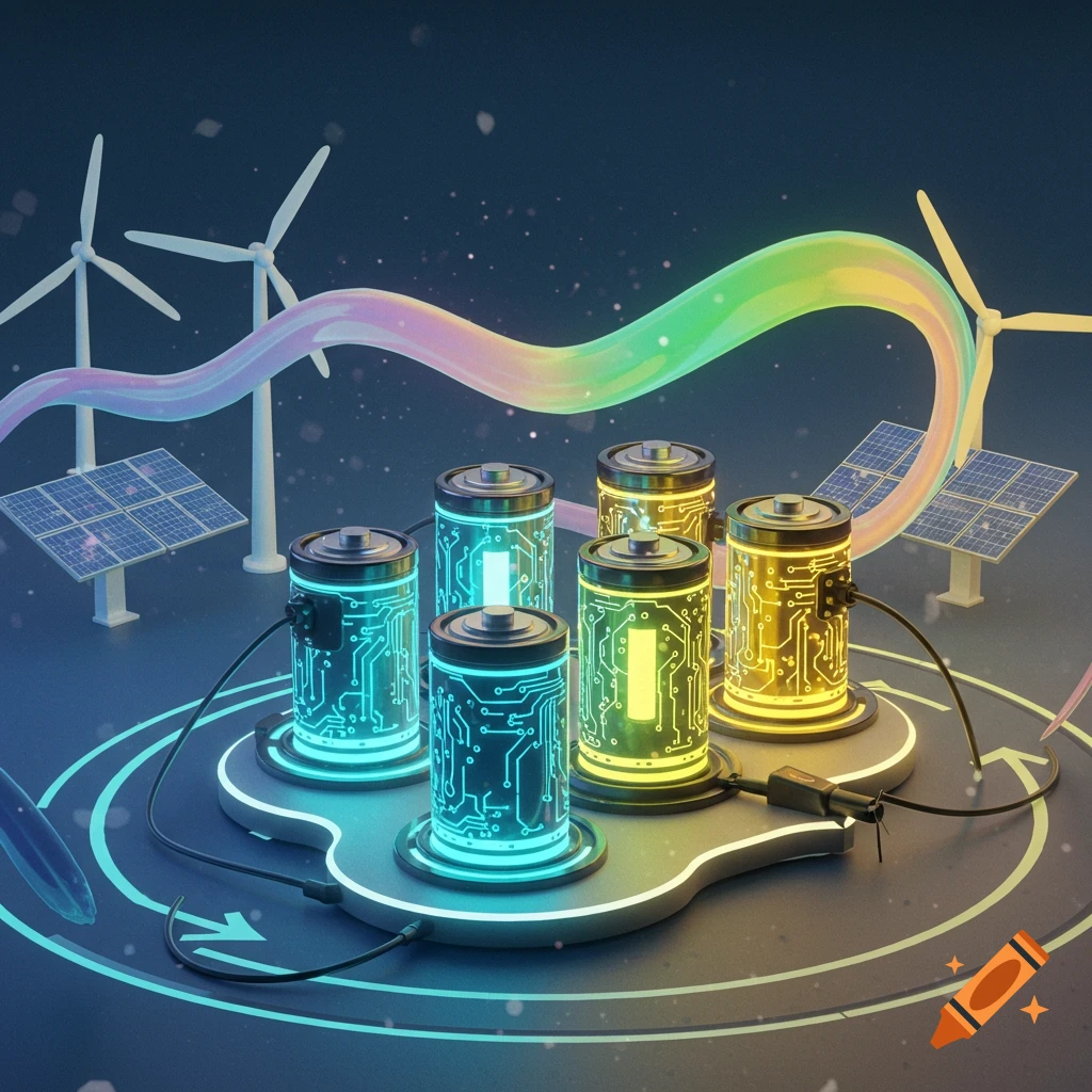 Stylized 3D rendering of large batteries connected to solar panels and wind turbines, depicting renewable energy storage.