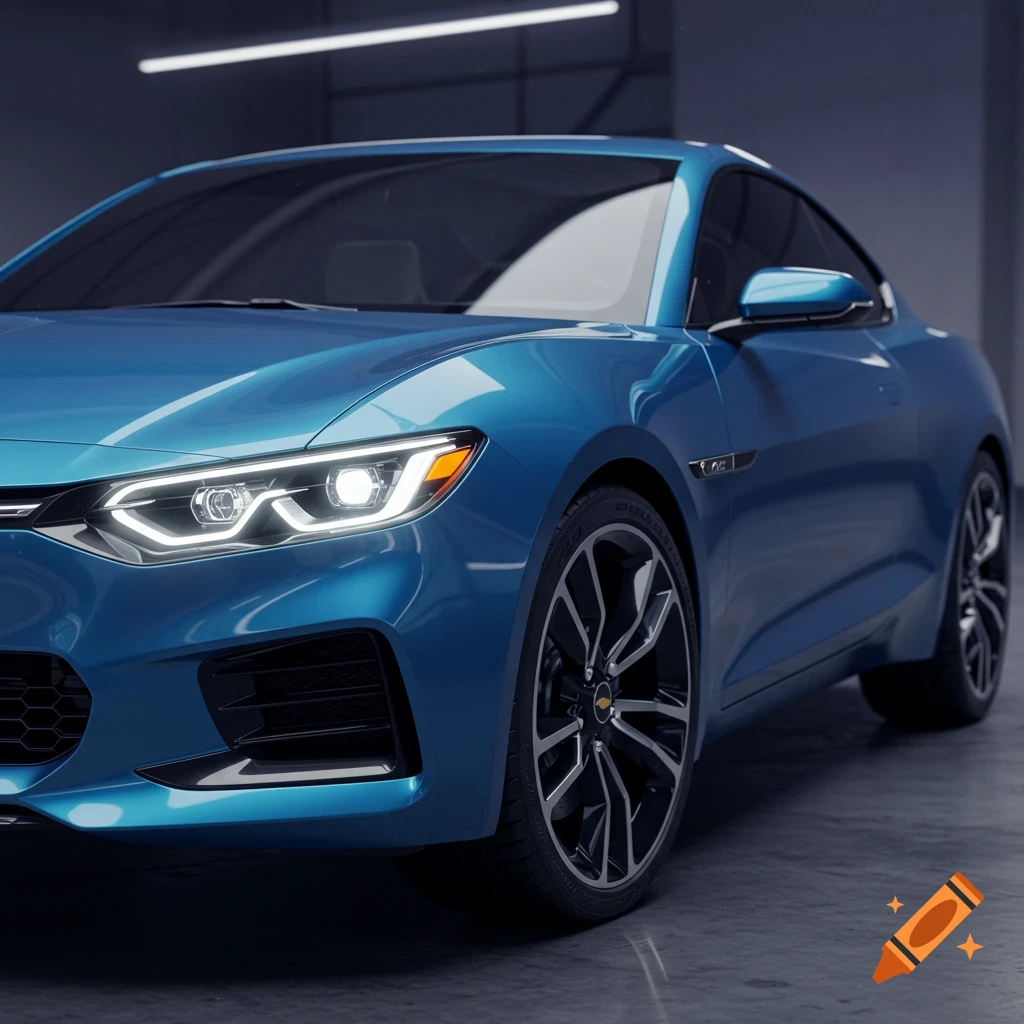 A photorealistic rendering of a blue concept car in a garage.