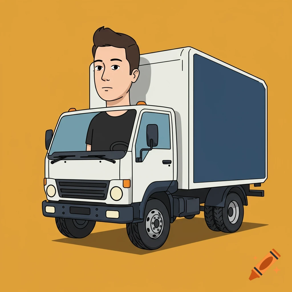 A cartoon person emerges from the roof of a box truck.