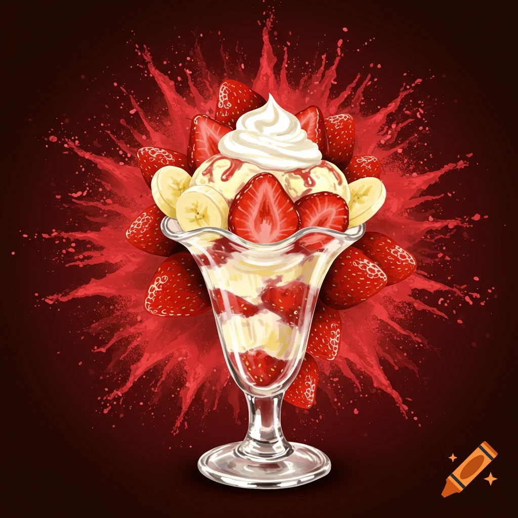 Illustration of a strawberry banana sundae in a glass, with red splashes and strawberries exploding behind it.