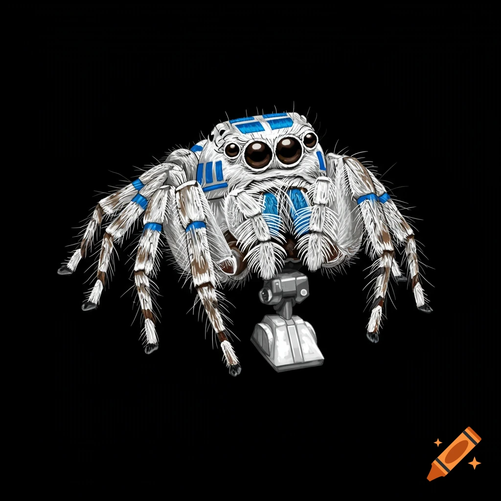 A jumping spider with white and blue R2D2 markings on a black background.