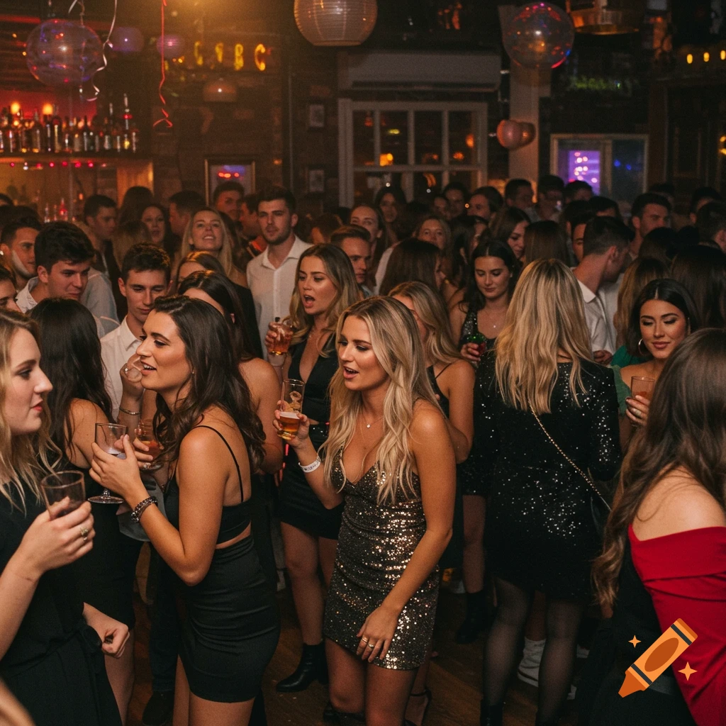 A crowded party scene in a bar with many people holding drinks