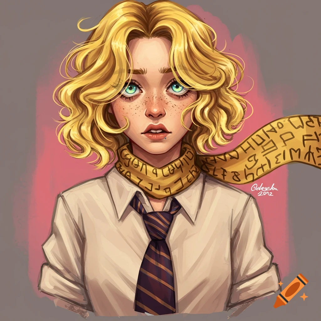 An illustrated portrait of a young person with blonde curly hair, green eyes, freckles, wearing a white shirt, striped tie, and a yellow scarf with illegible glyphs.