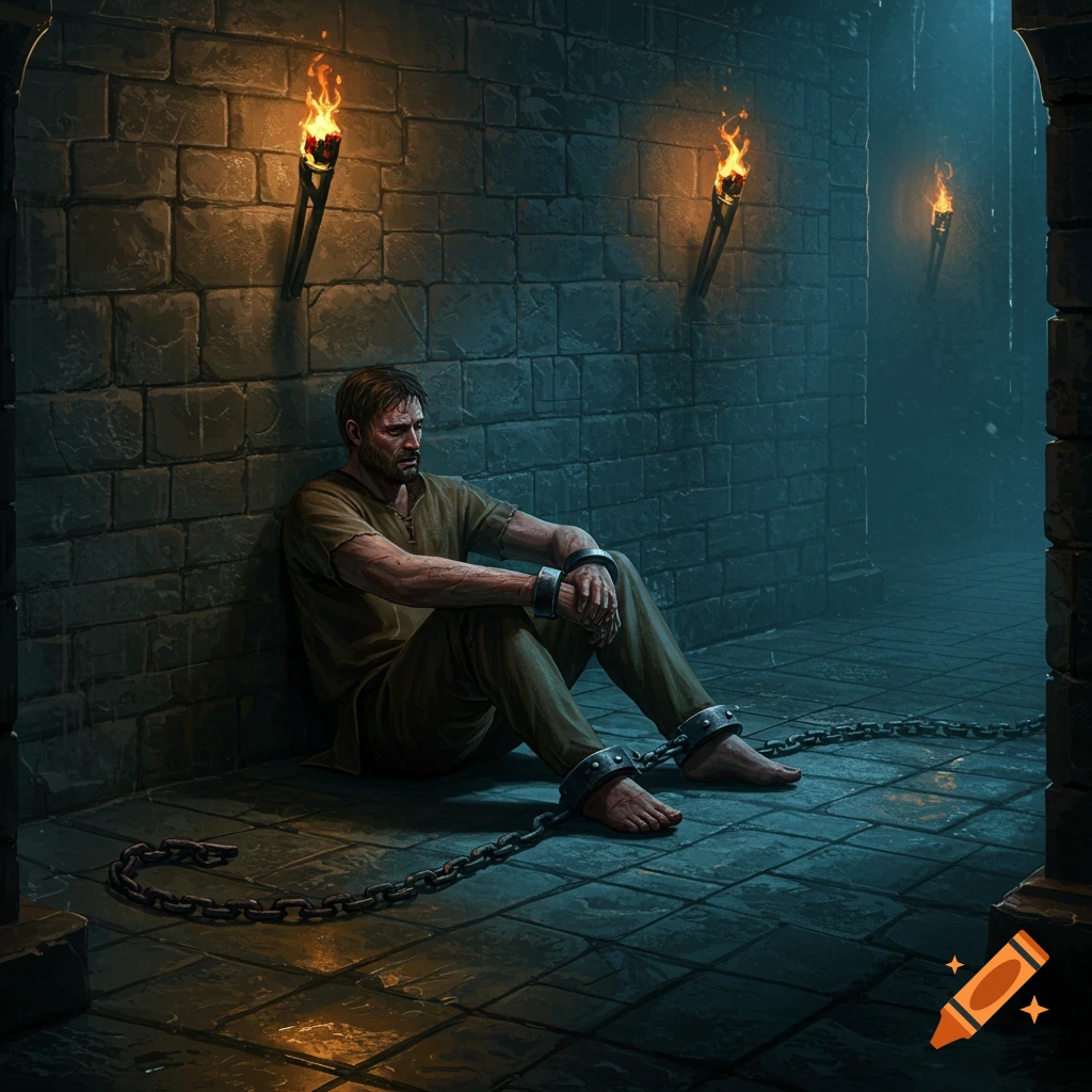 A man sits chained to the floor in a dark dungeon lit by torches.