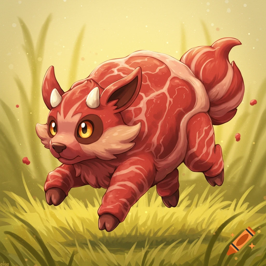 A stylized creature made of raw beef runs through tall grass.