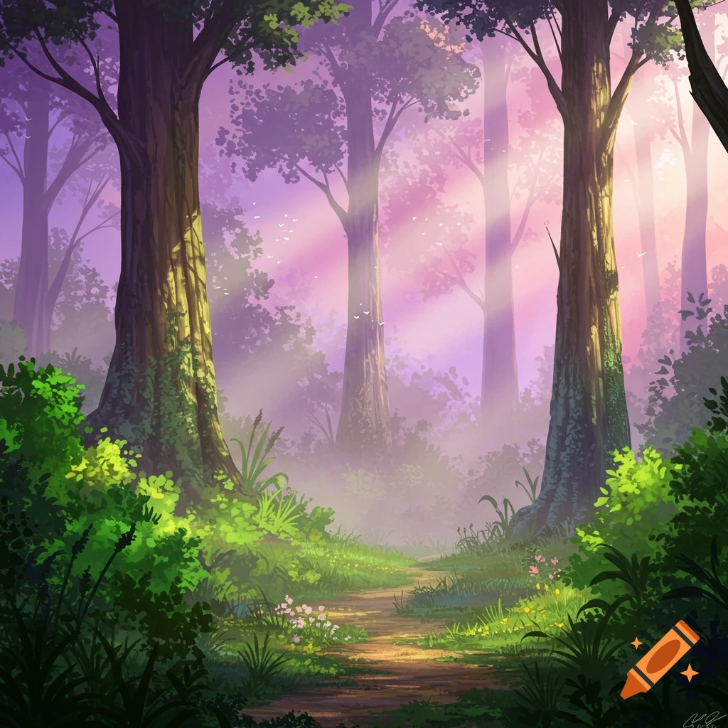 A mystical forest path at sunset with light rays filtering through trees, illustrated.