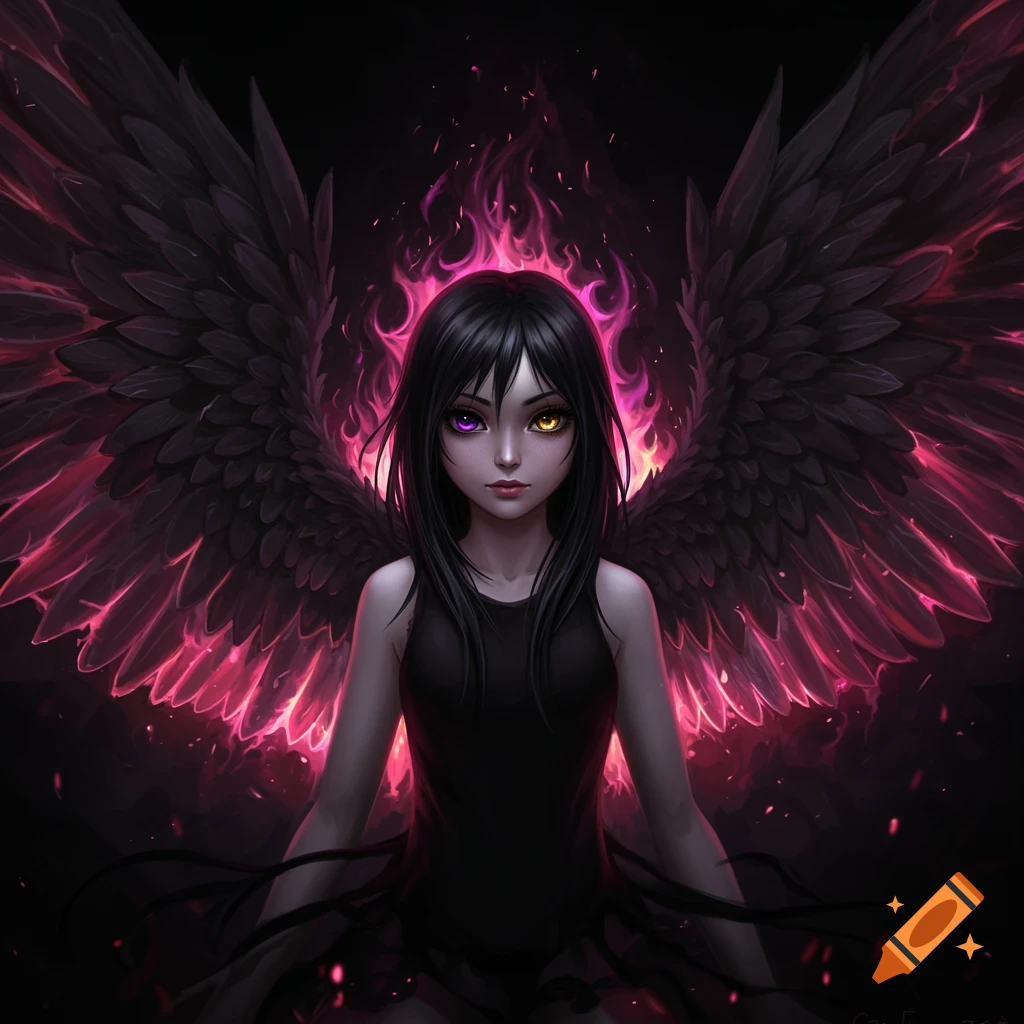 Anime girl with black wings, purple and gold eyes, and pink fire
