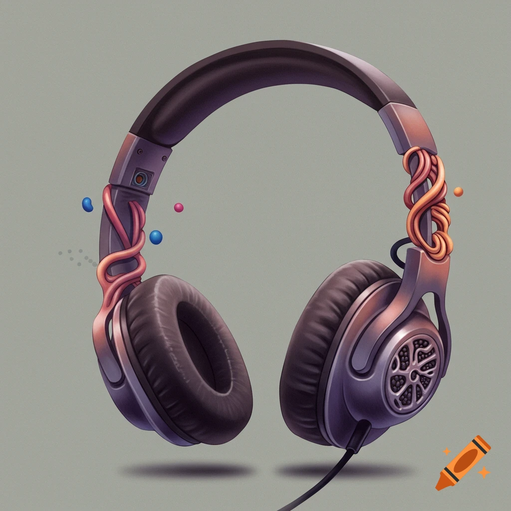 Abstract illustration of headphones with organic structures and floating dots.