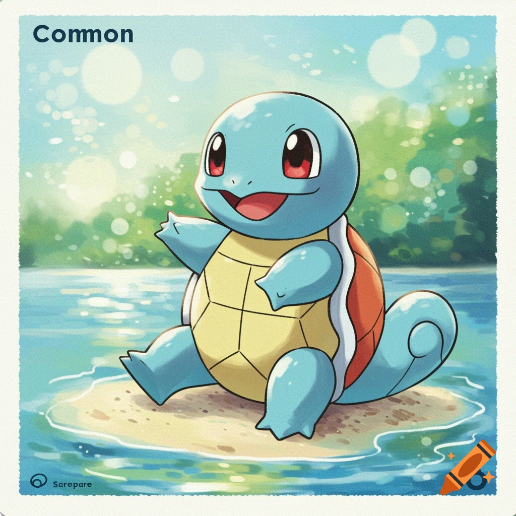 Squirtle sits on a small island in an illustration. Text says 'Common' and 'Saropare'.