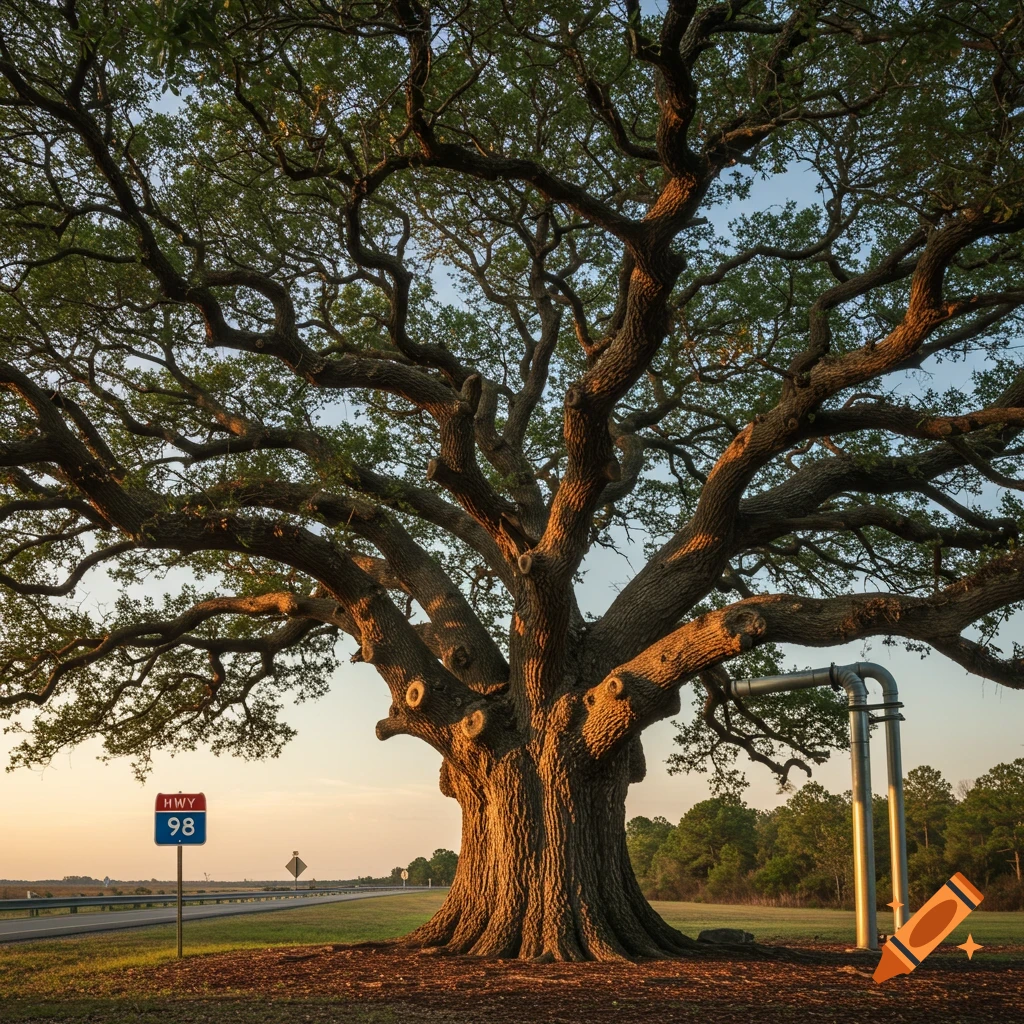 A large Live Oak tree stands beside a highway with a HWY 98 sign and metallic pipes, lit by warm, low-angle light.