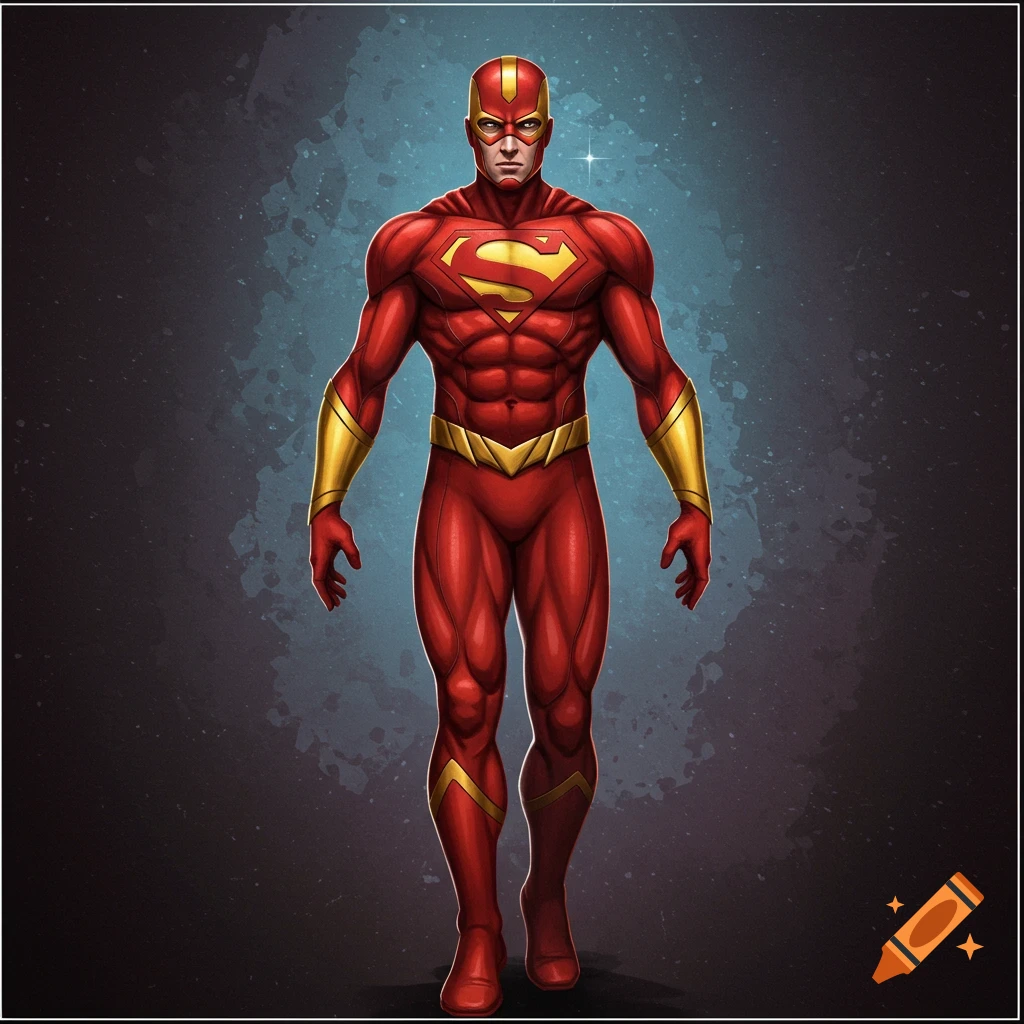 A full-body comic book illustration of a superhero in a red and gold suit with an S symbol and mask.
