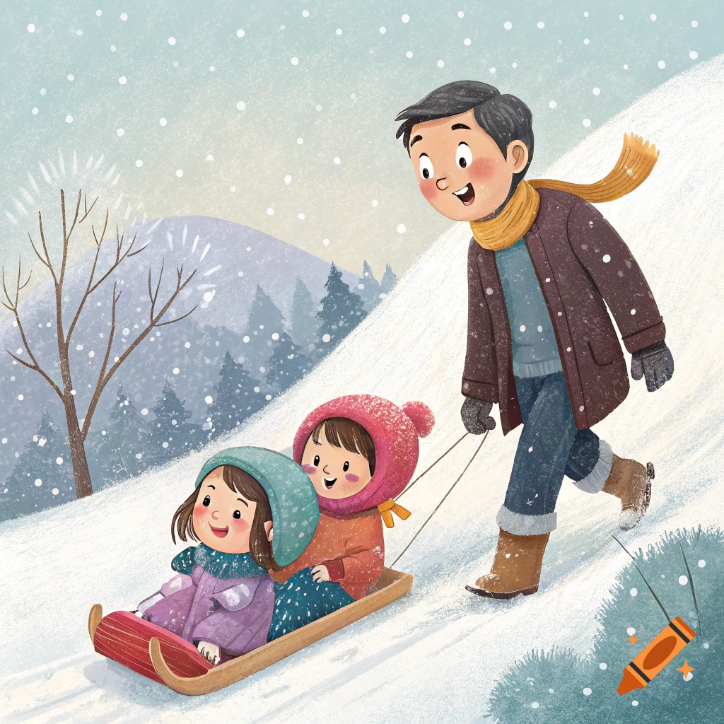 Children's illustration of a father pulling two children on a sled up a snowy hill.