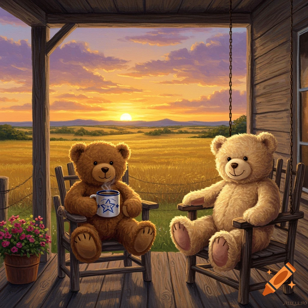 Two teddy bears sit on a porch watching a sunset over a field. One holds a coffee mug.