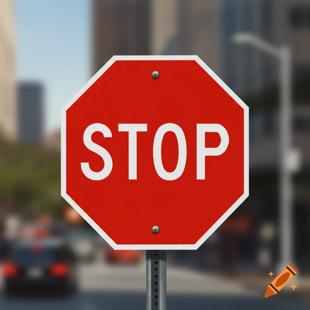 Close-up of a red stop sign with blurred urban background.