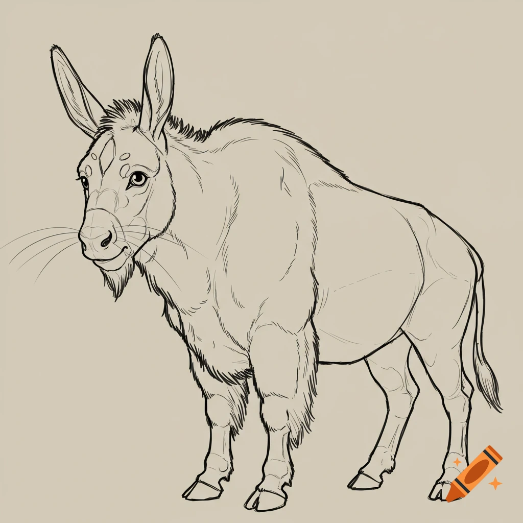 Line drawing of a fantasy animal hybrid with donkey ears, whiskers, bison legs, and a furry neck.
