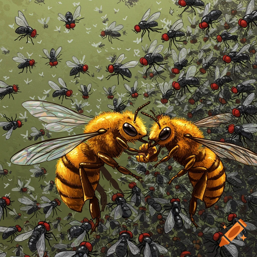 Two cartoon bees fight amidst a swarm of flies in a stylized illustration.