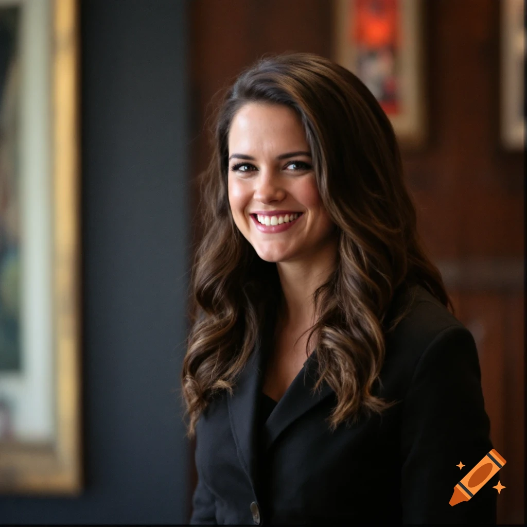 Portrait of a smiling woman with long brown hair wearing a black blazer indoors